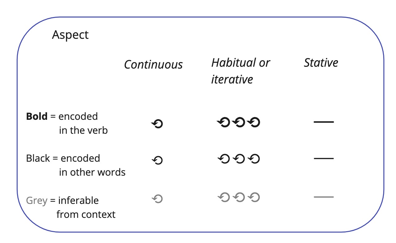 Indicating aspect on the verb or in the situation